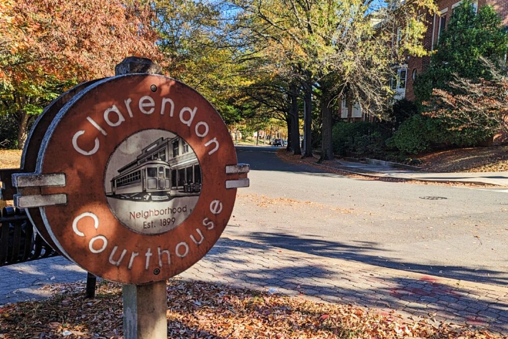 The sign marking the boundary between Clarendon and Courthouse in Arlington